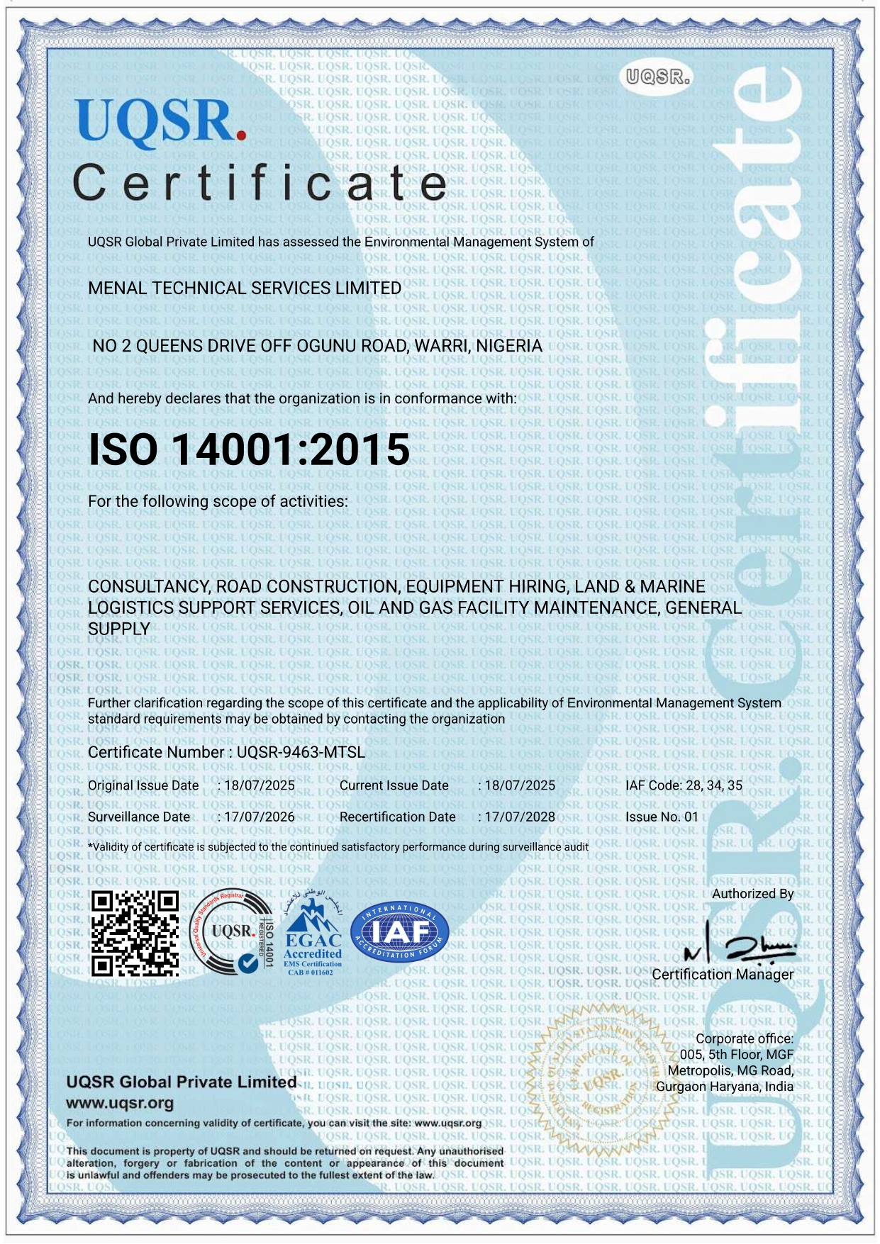ISO 14001:2015 Certificate